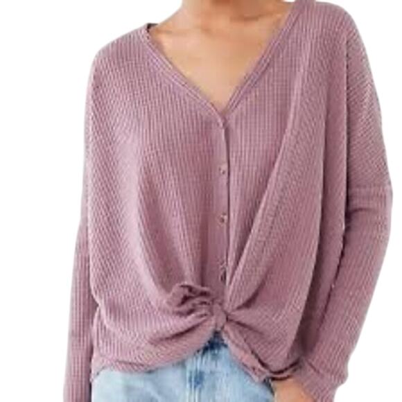 Out From Under Tops - Out From Under Jojo Waffle Knit Button-Down Henley Top Mauve Pink XS Cozy Fall
